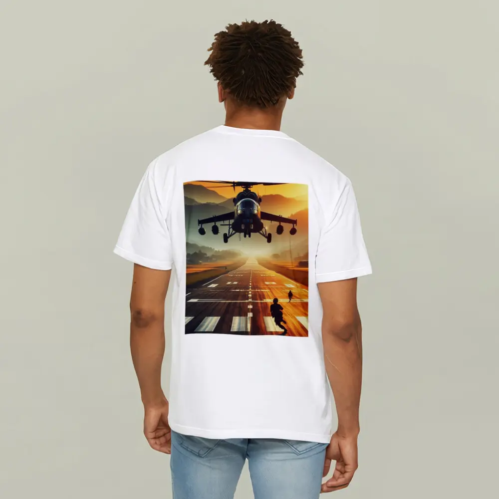 Military Helicopter Low Flying Runway Sunset – T-Shirts