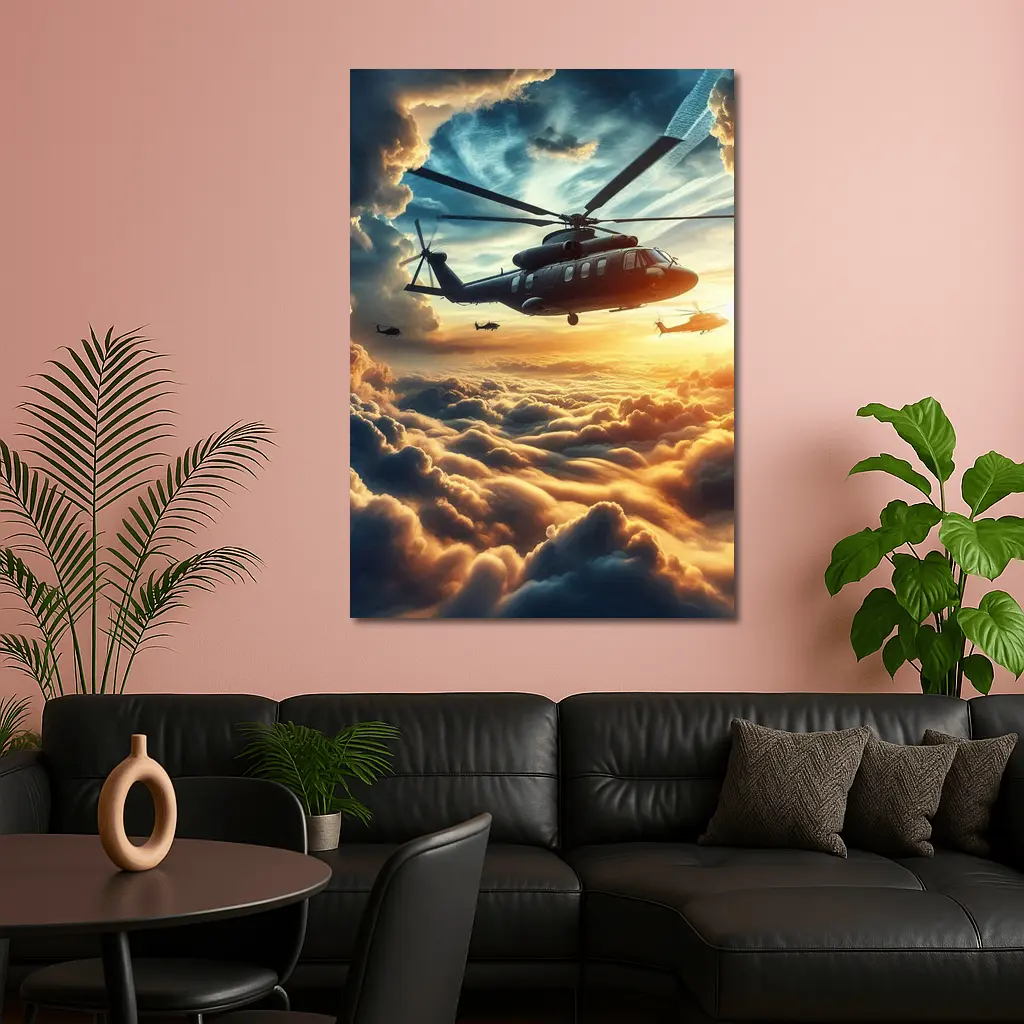 Military Helicopters Flying Above Golden Clouds – Wall Art