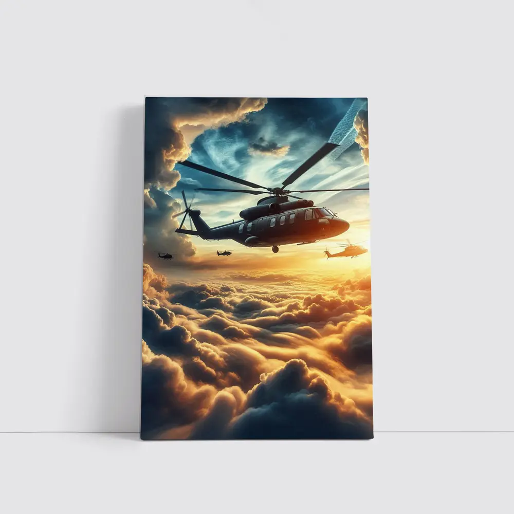 Military Helicopters Flying Above Golden Clouds – Wall Art