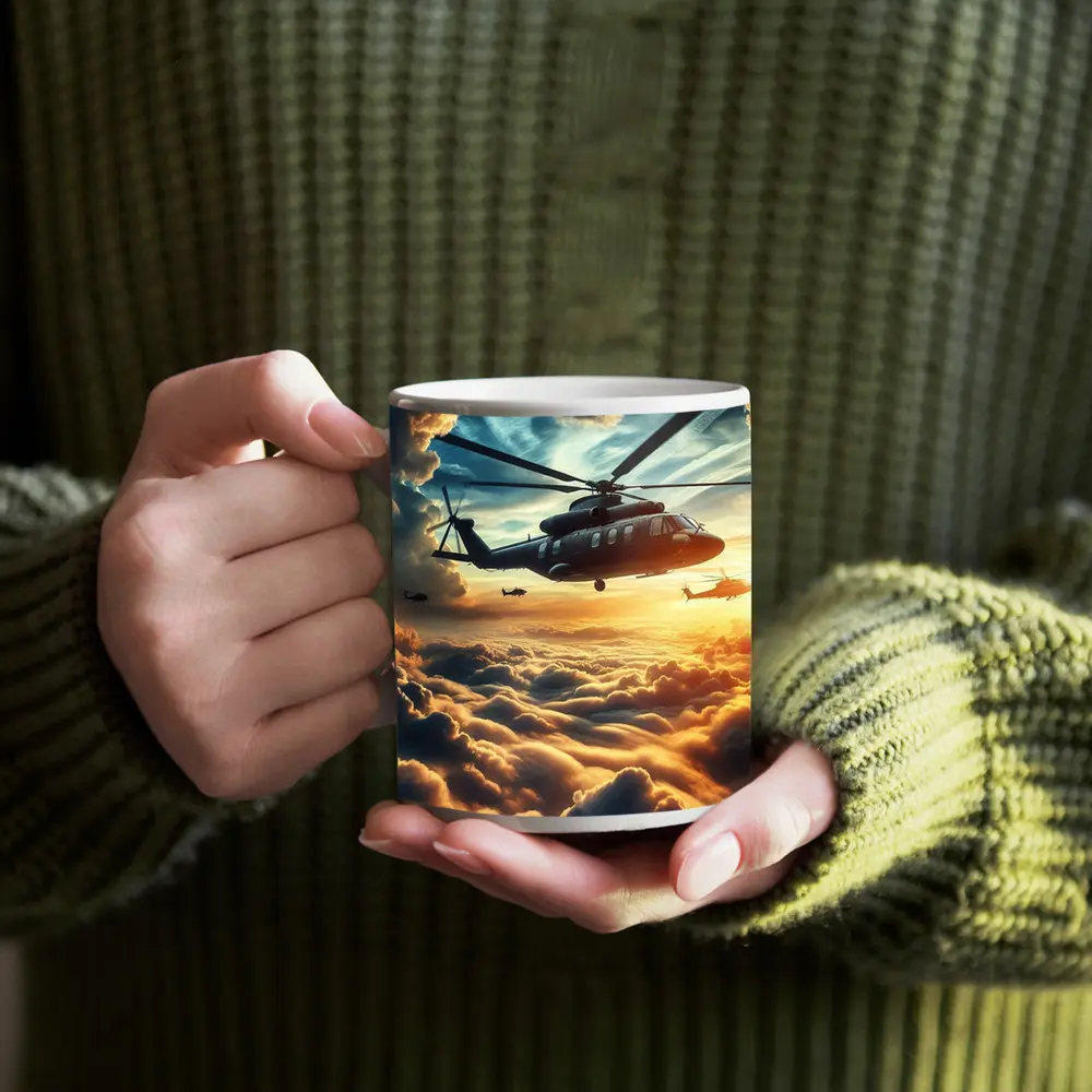 Military Helicopters Flying Above Golden Clouds – Mugs
