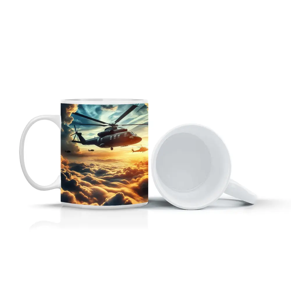 Military Helicopters Flying Above Golden Clouds – Mugs
