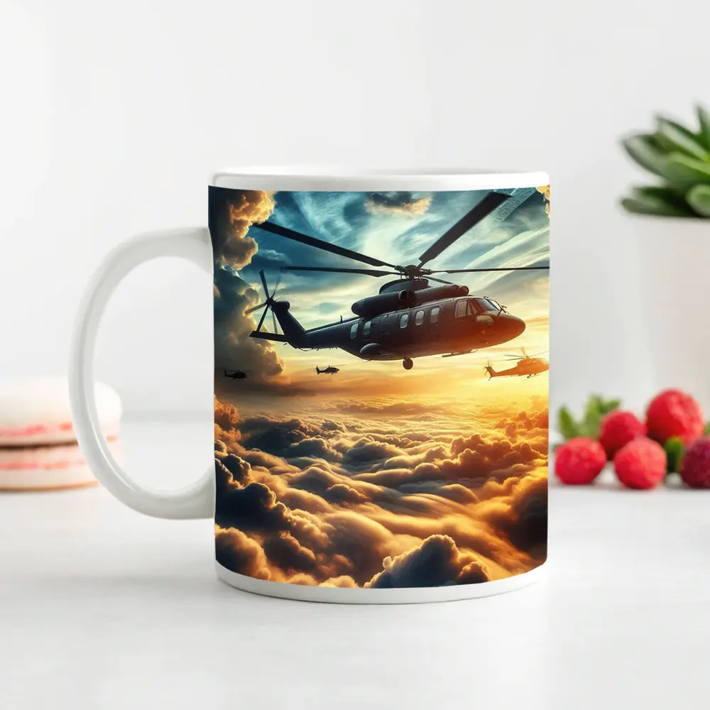Military Helicopters Flying Above Golden Clouds – Mugs