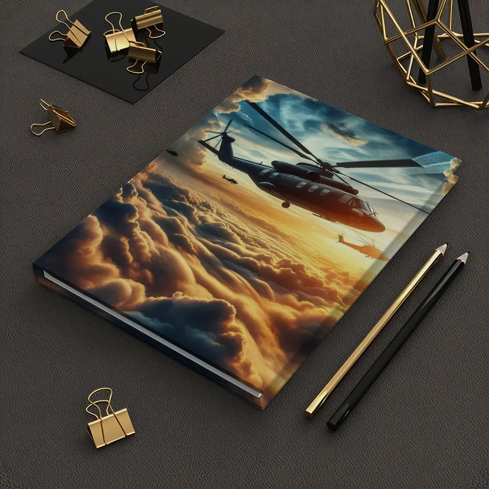 Military Helicopters Flying Above Golden Clouds – Notebooks
