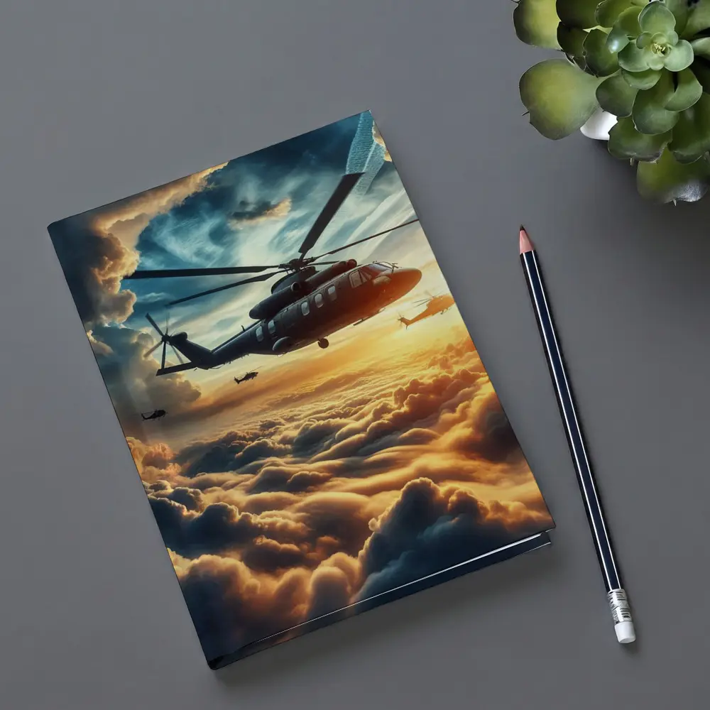 Military Helicopters Flying Above Golden Clouds – Notebooks