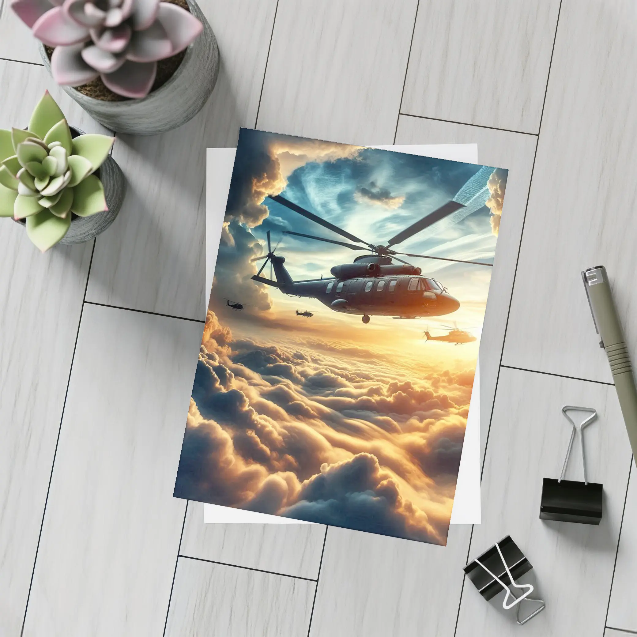 Military Helicopters Flying Above Golden Clouds – Postcards