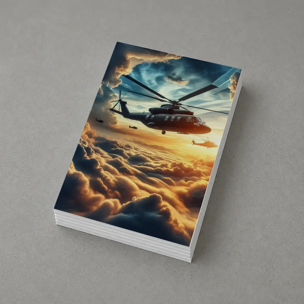 Military Helicopters Flying Above Golden Clouds – Postcards