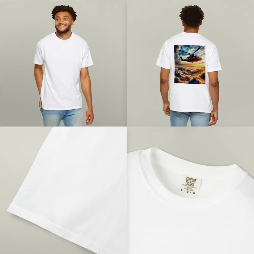 Military Helicopters Flying Above Golden Clouds – T-Shirts