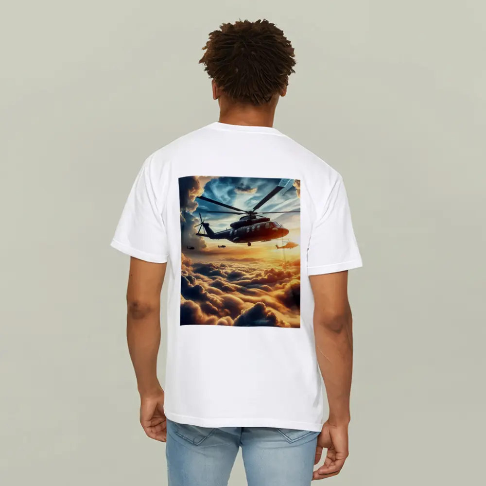 Military Helicopters Flying Above Golden Clouds – T-Shirts