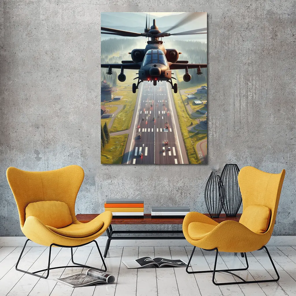Attack Helicopter Flying Over Mountain Highway – Wall Art
