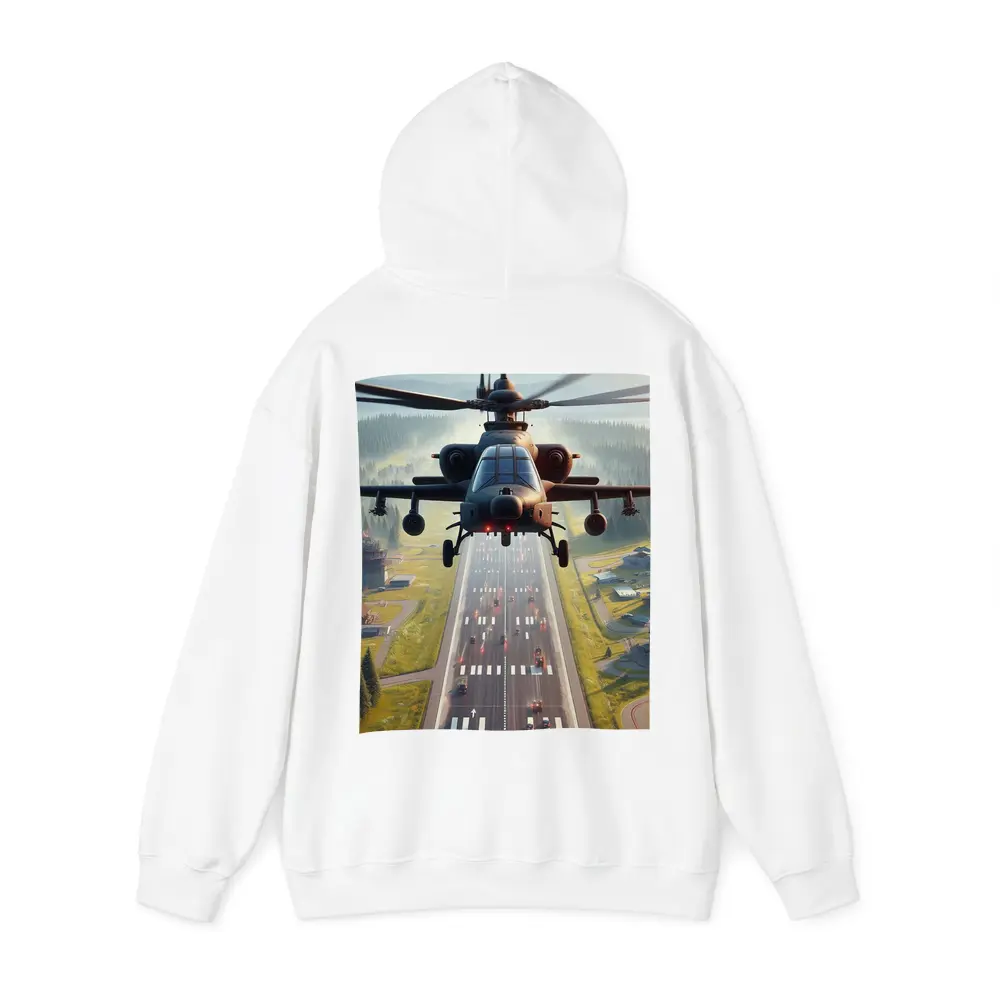 Attack Helicopter Flying Over Mountain Highway – Hoodies