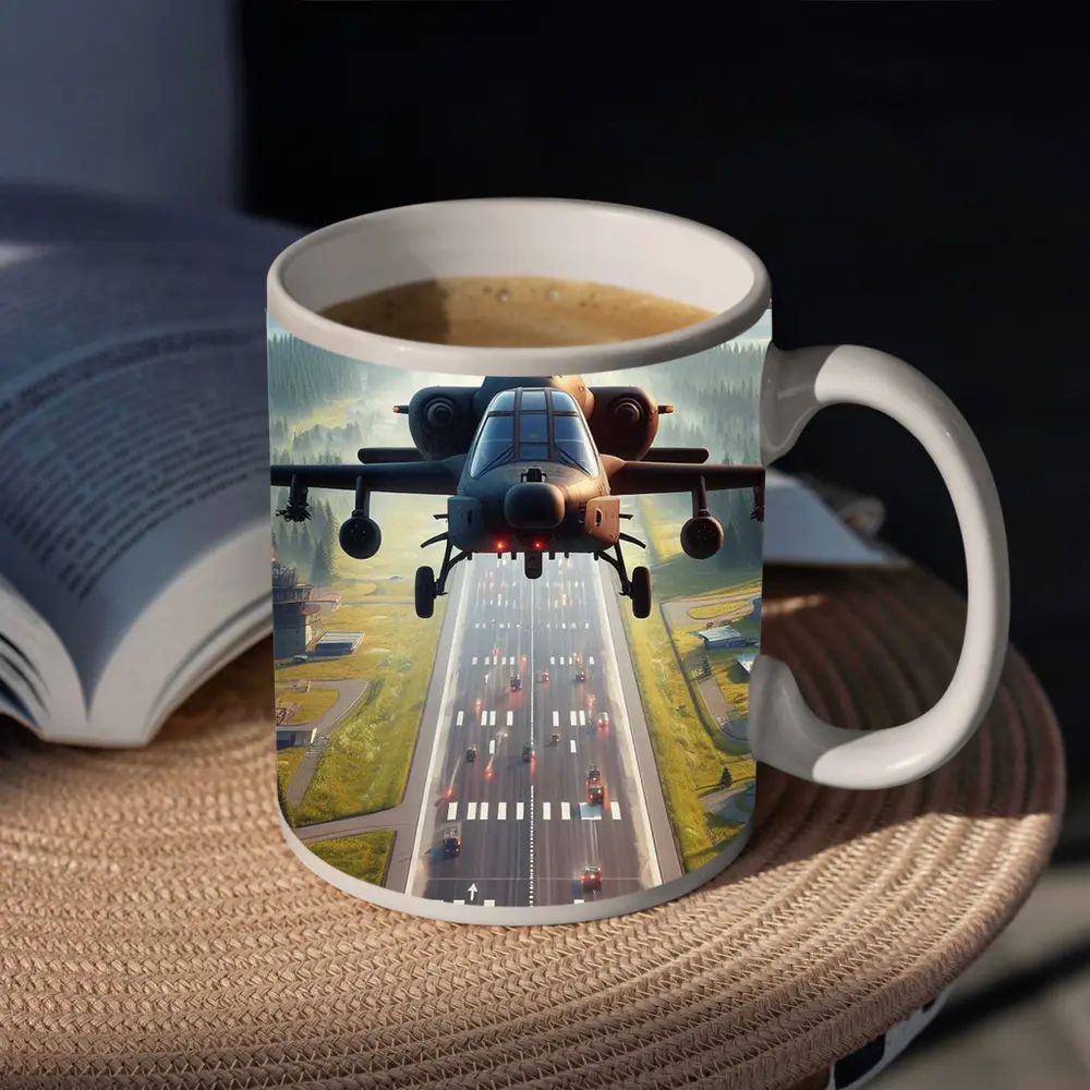 Attack Helicopter Flying Over Mountain Highway – Mugs