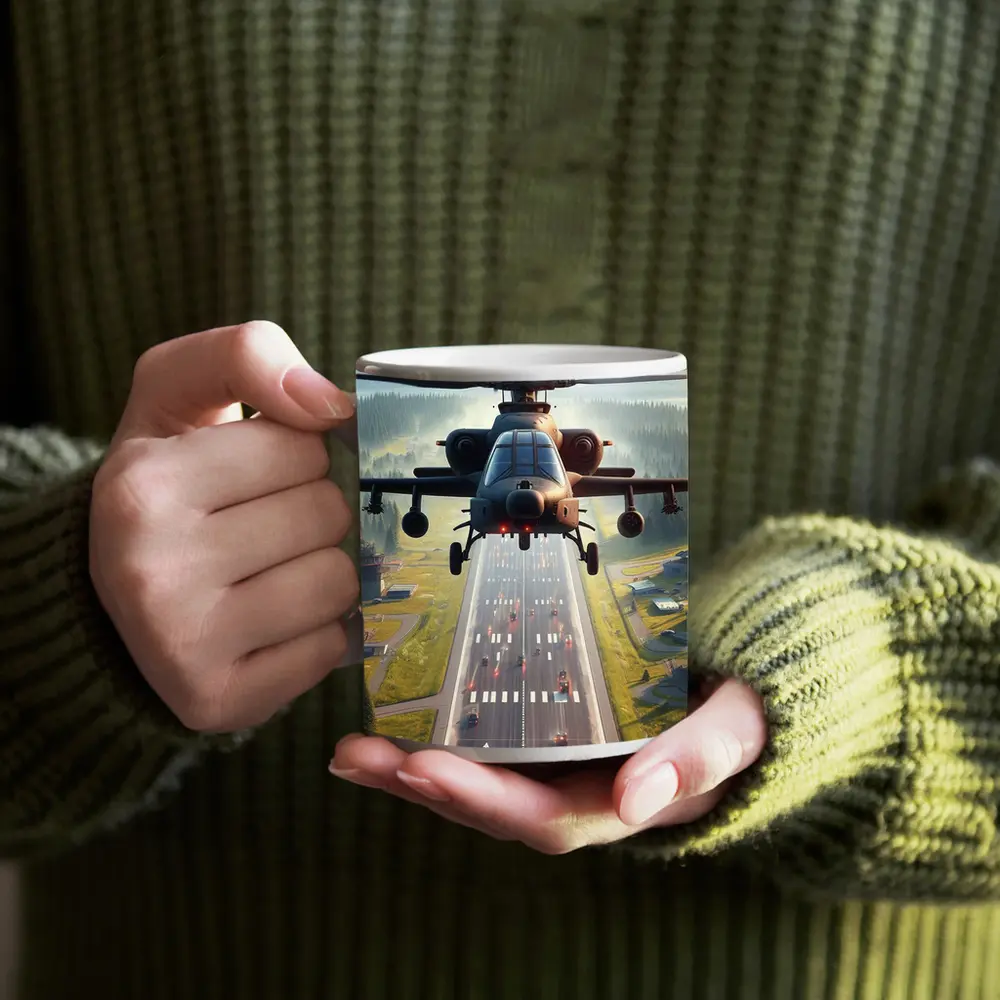 Attack Helicopter Flying Over Mountain Highway – Mugs