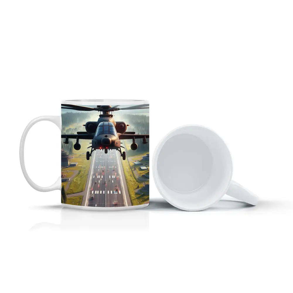 Attack Helicopter Flying Over Mountain Highway – Mugs