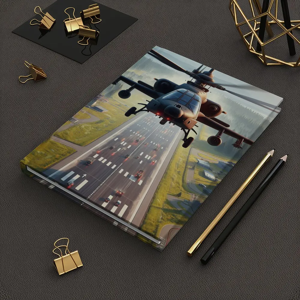Attack Helicopter Flying Over Mountain Highway – Notebooks