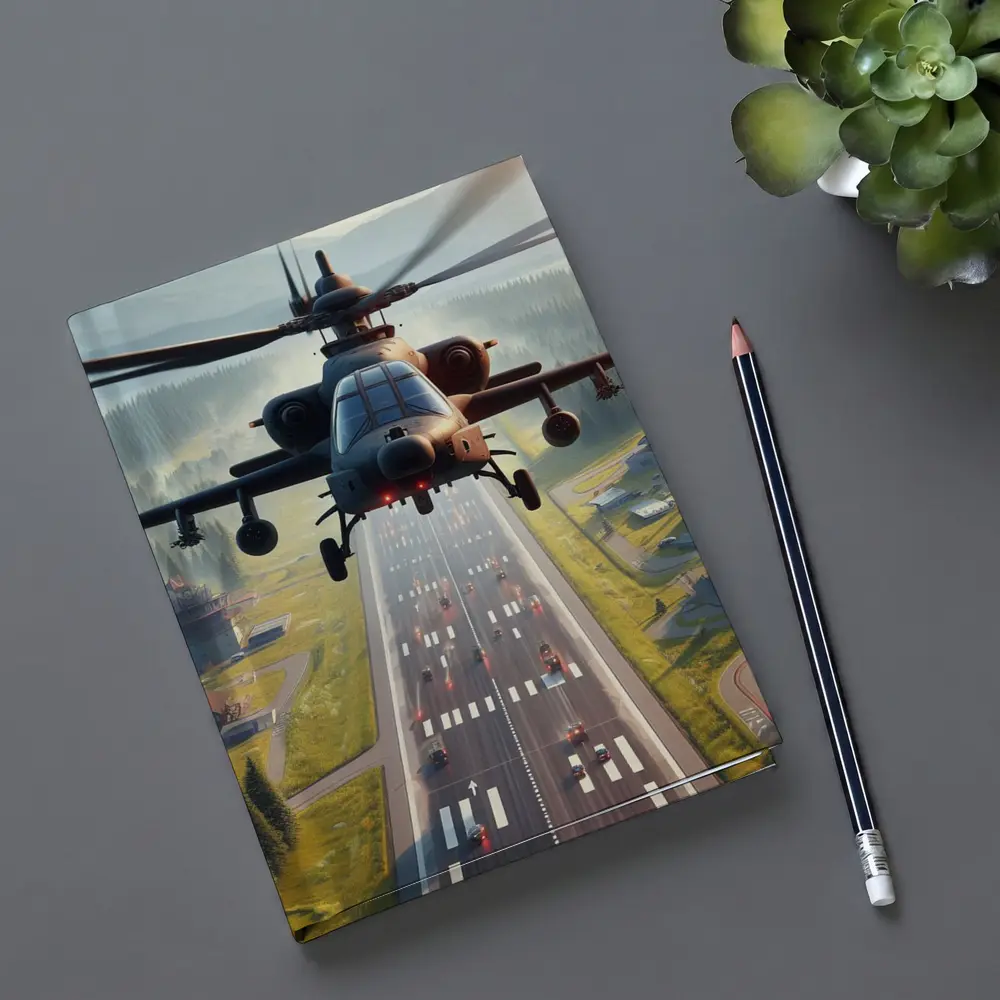 Attack Helicopter Flying Over Mountain Highway – Notebooks