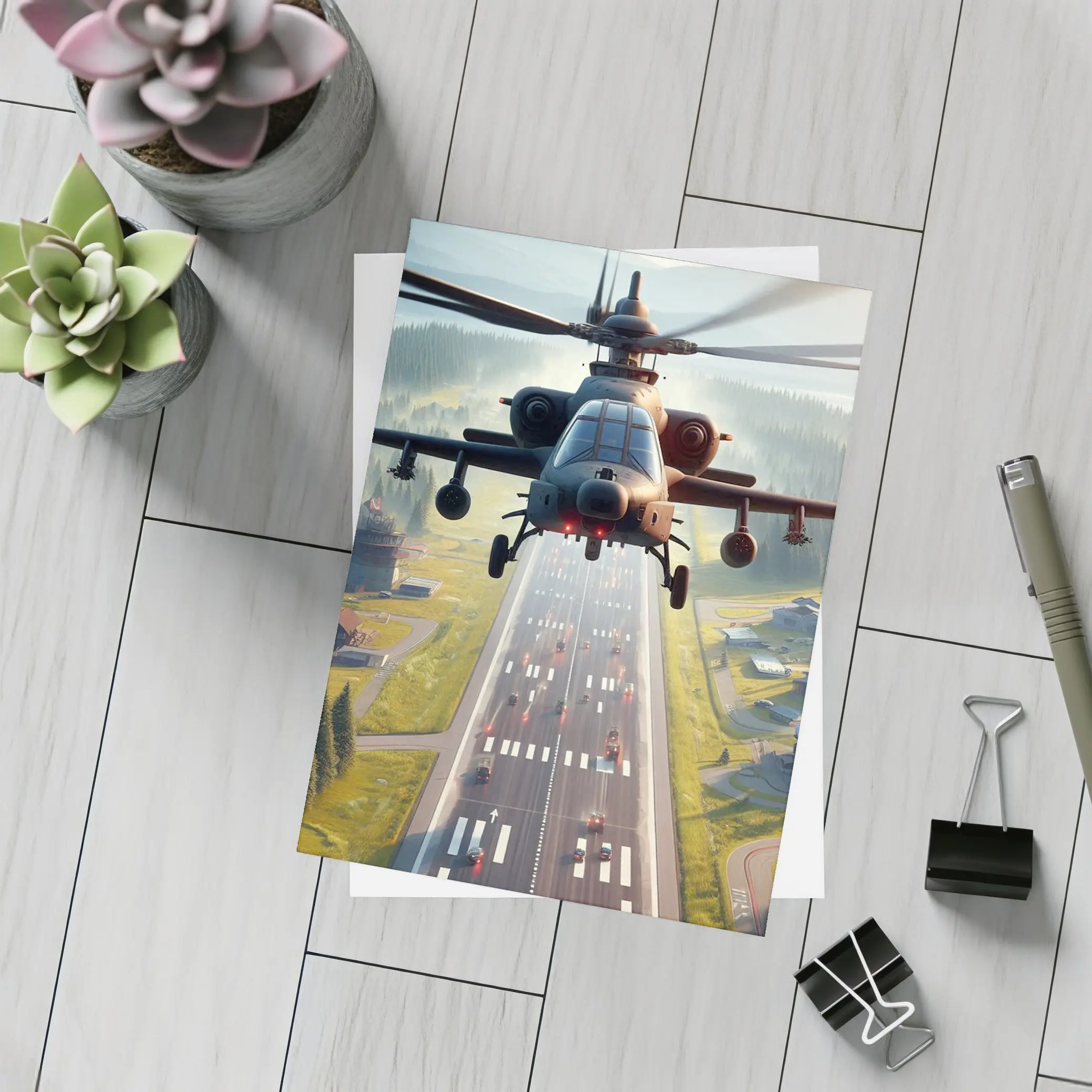 Attack Helicopter Flying Over Mountain Highway – Postcards