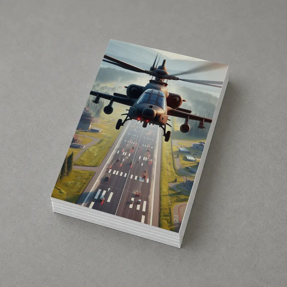 Attack Helicopter Flying Over Mountain Highway – Postcards