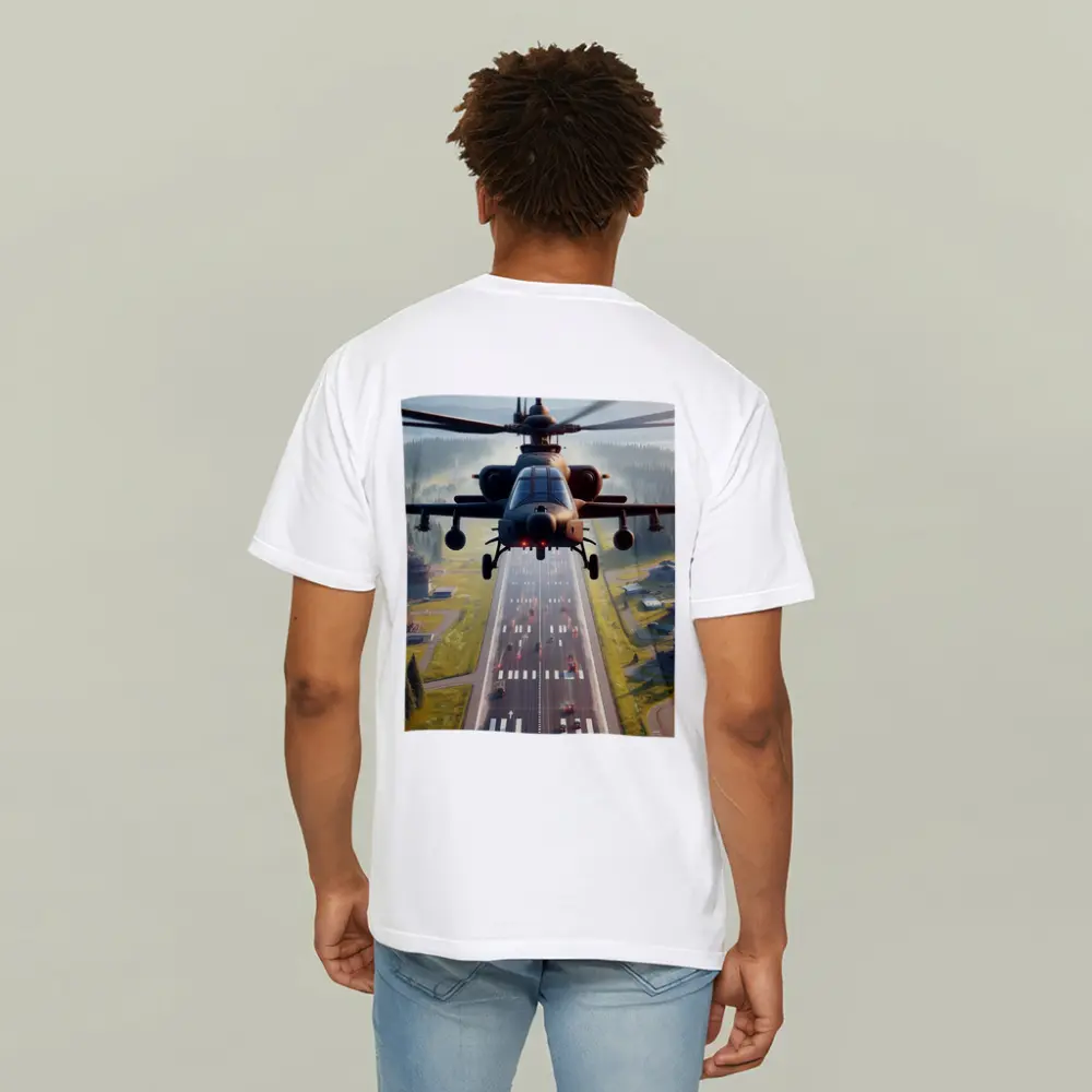 Attack Helicopter Flying Over Mountain Highway – T-Shirts