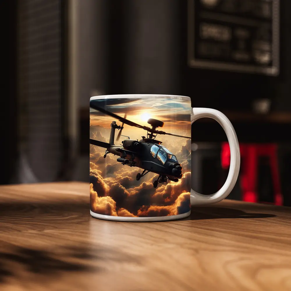 Apache Attack Helicopter Flying Through Dramatic Clouds – Mugs
