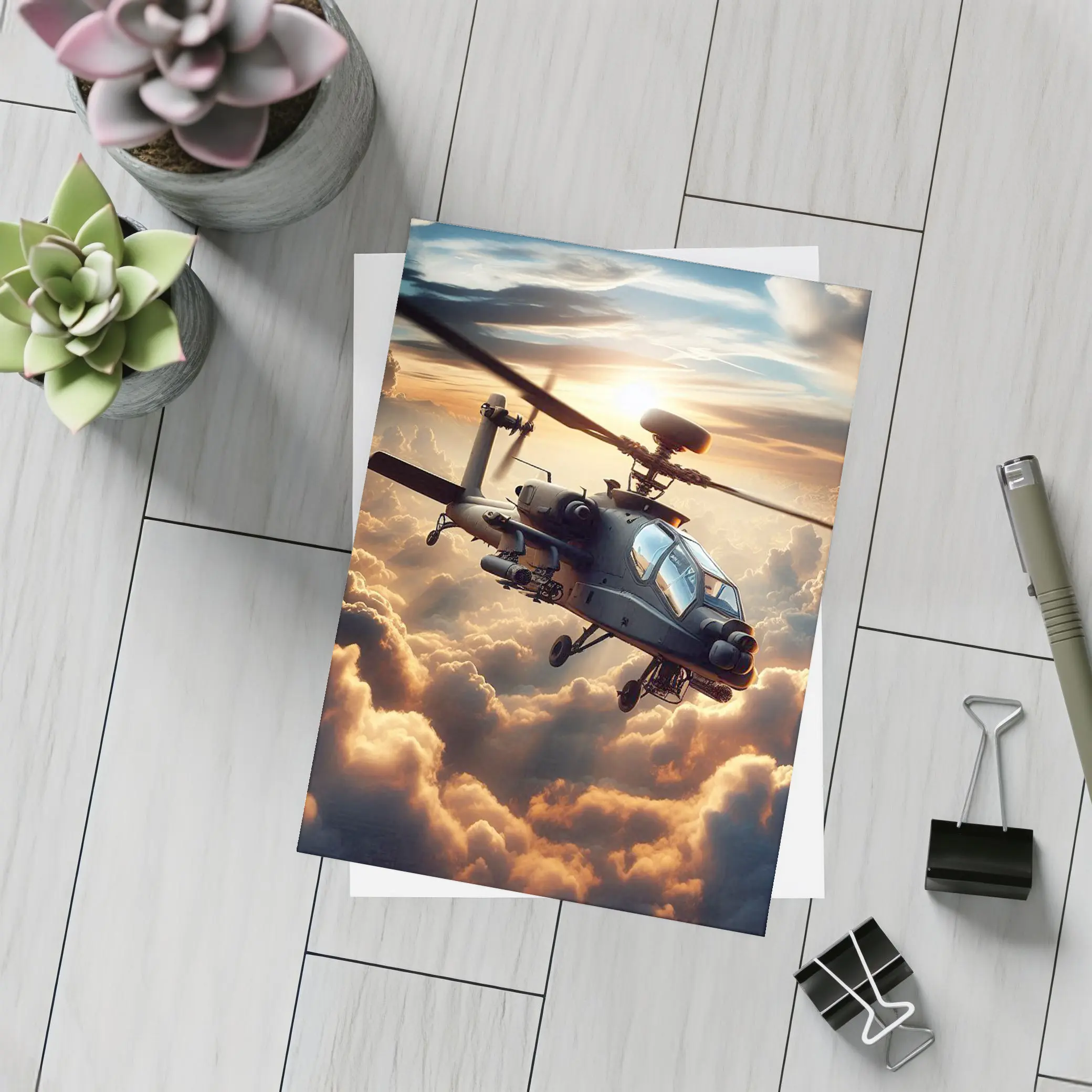 Apache Attack Helicopter Flying Through Dramatic Clouds – Postcards