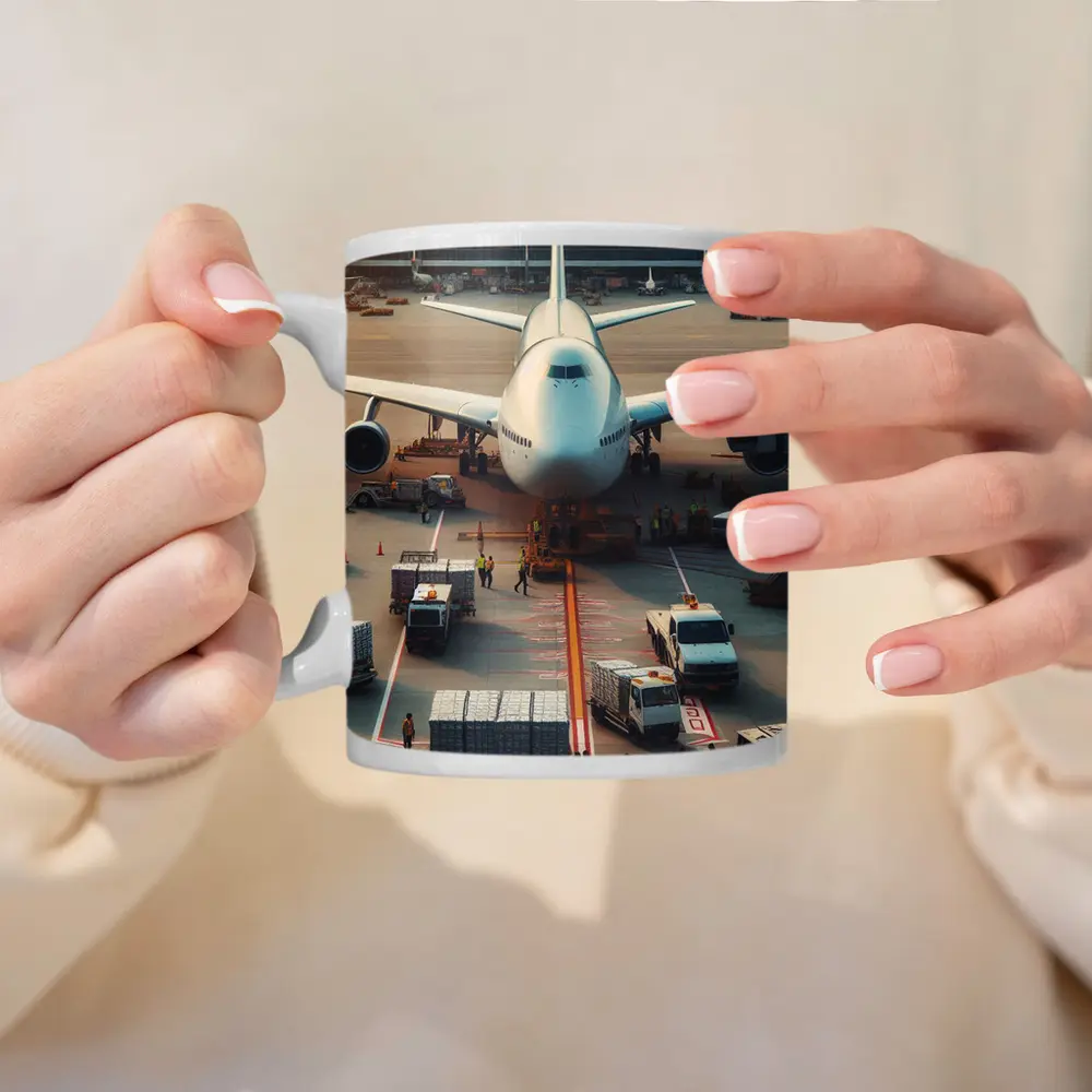 Wide Body Airplane Loading At Busy Airport – Mugs