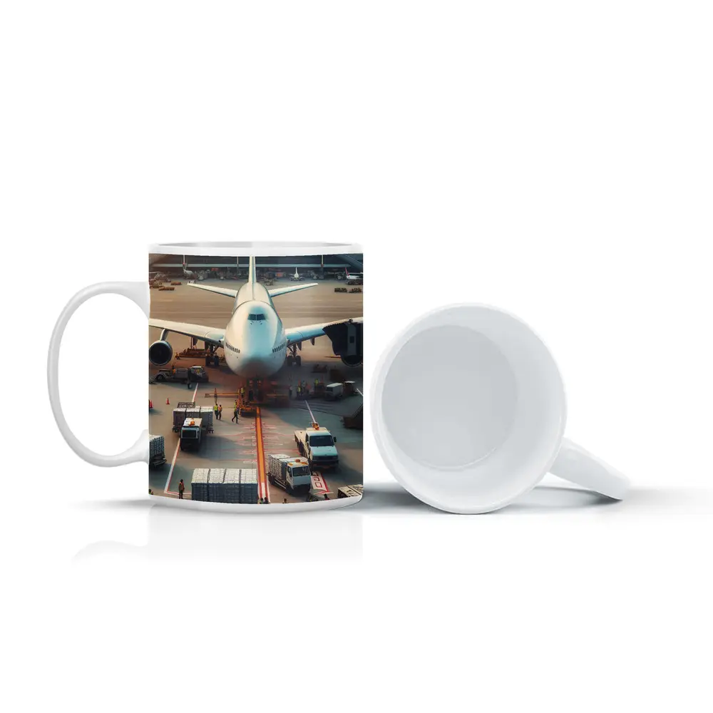 Wide Body Airplane Loading At Busy Airport – Mugs