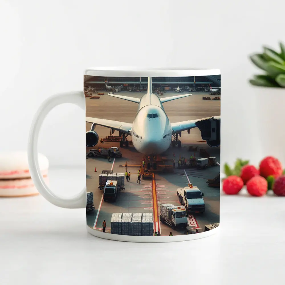 Wide Body Airplane Loading At Busy Airport – Mugs