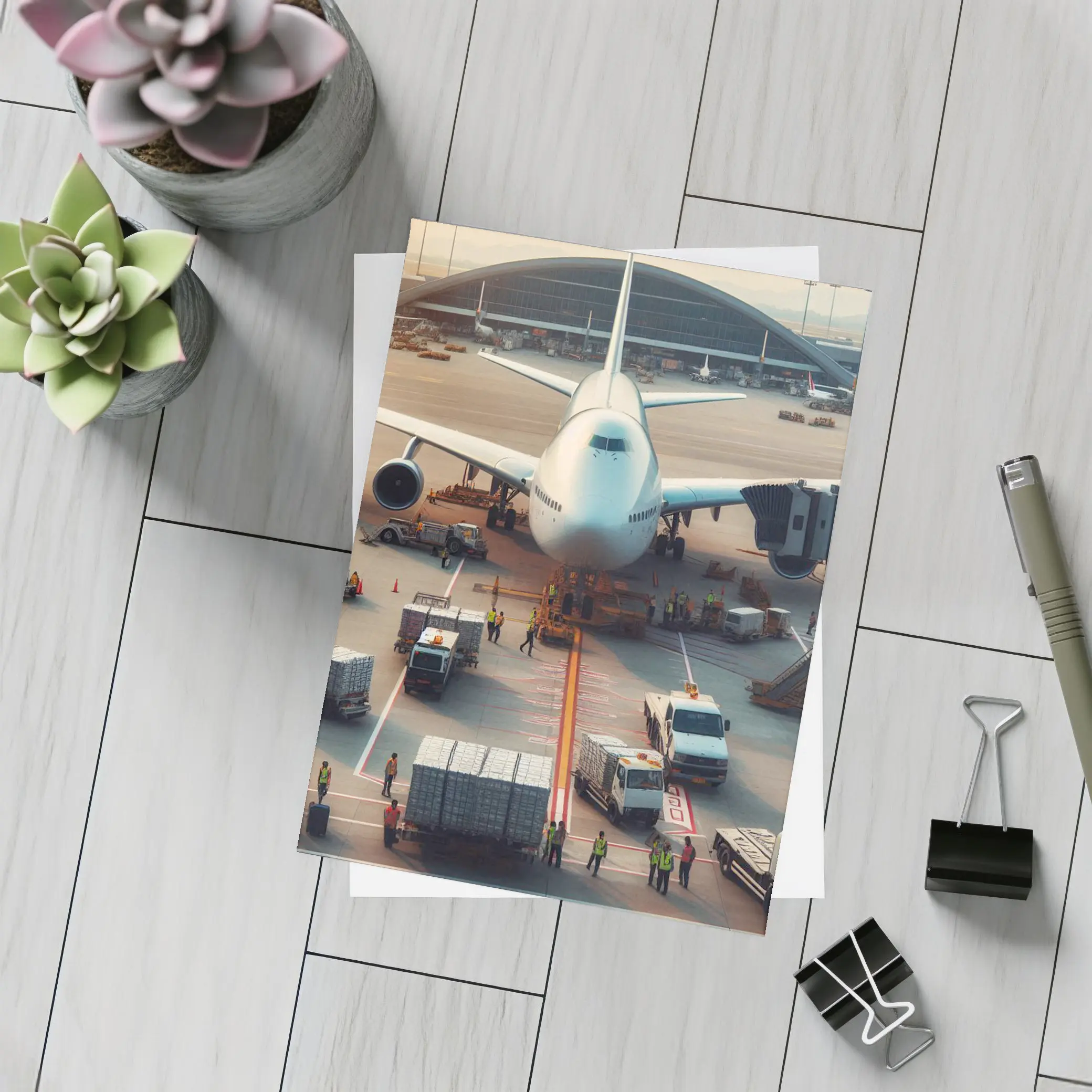 Wide Body Airplane Loading At Busy Airport – Postcards