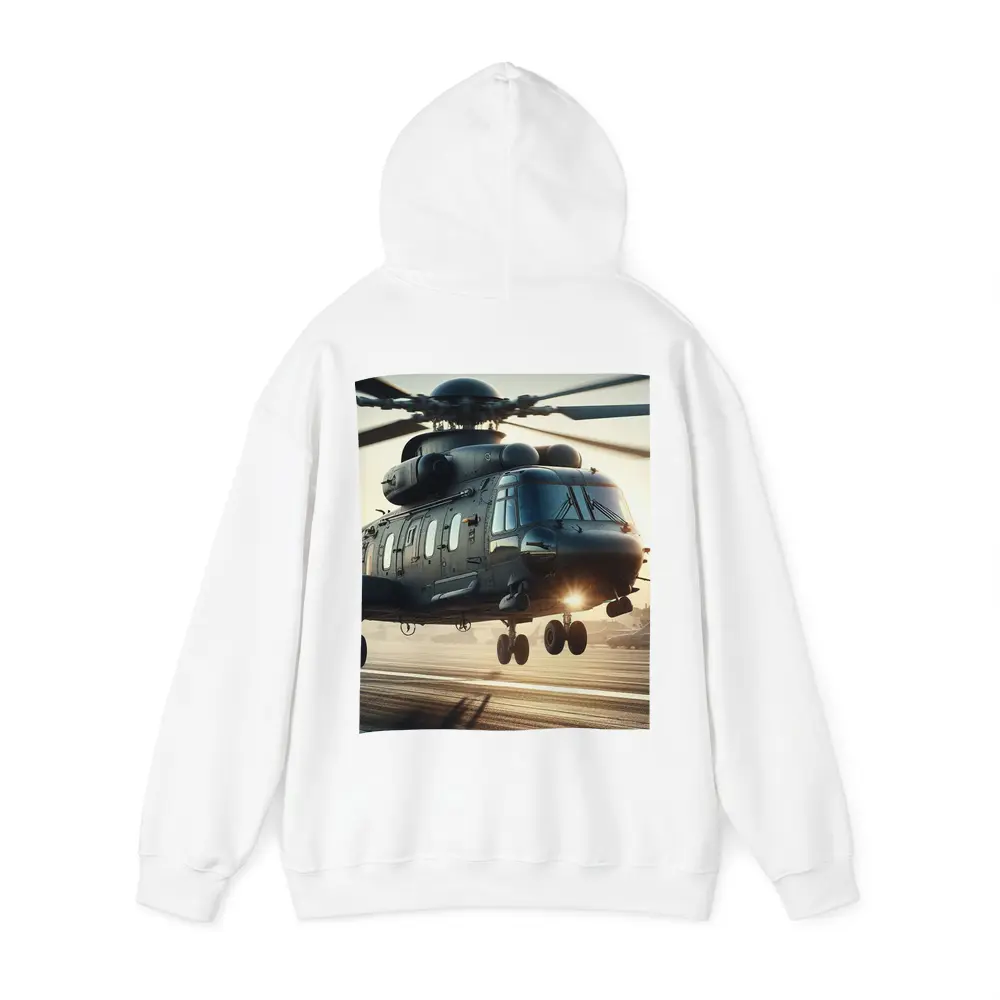 Military Helicopter Landing at Sunset Airfield – Hoodies