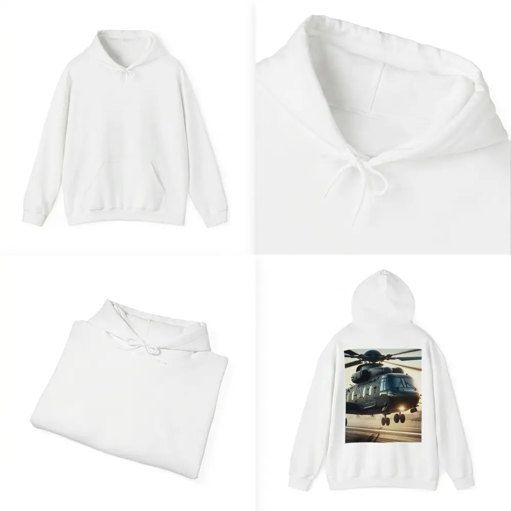 Military Helicopter Landing at Sunset Airfield – Hoodies
