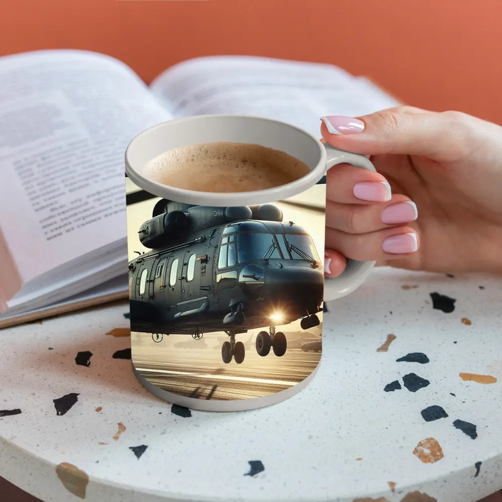 Military Helicopter Landing at Sunset Airfield – Mugs