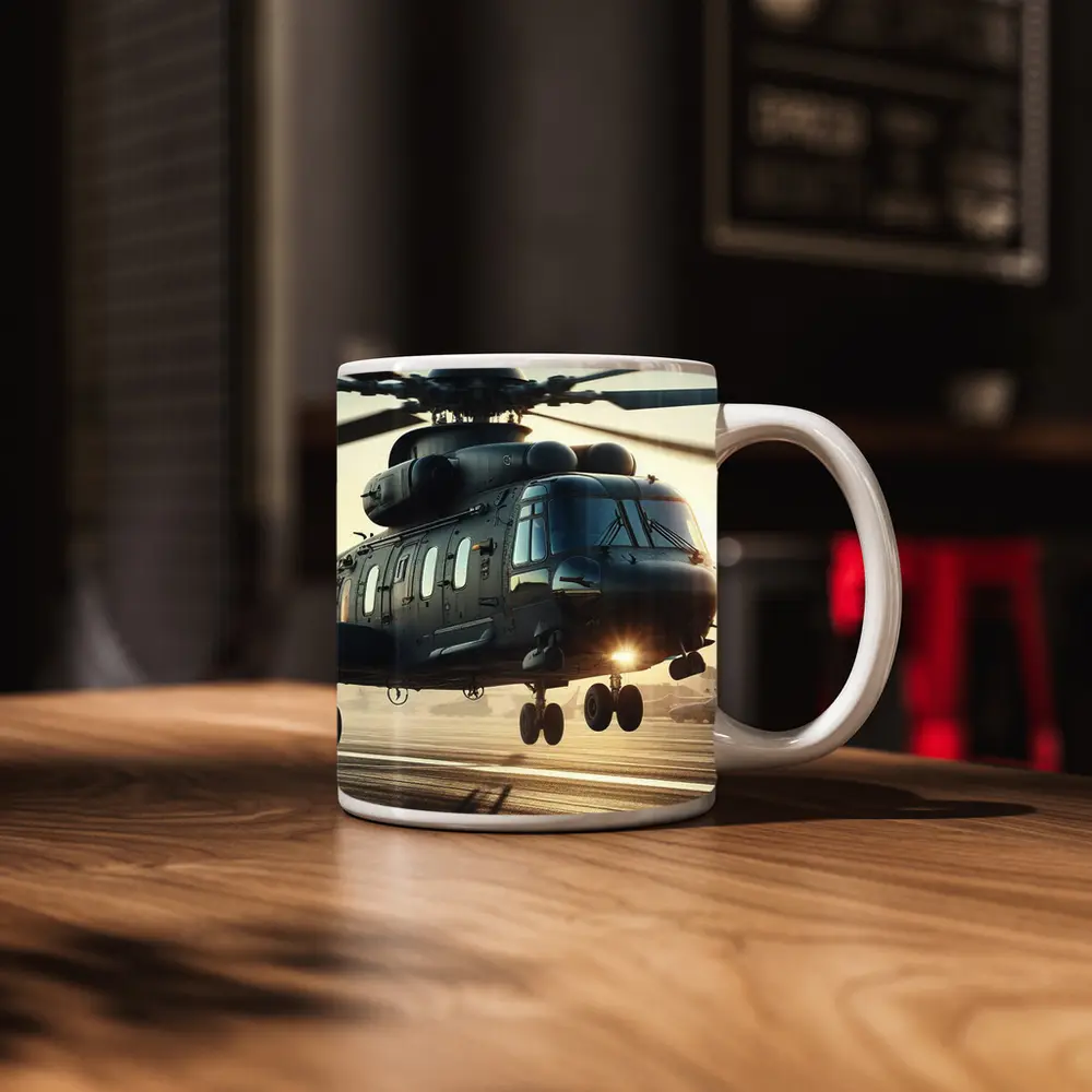 Military Helicopter Landing at Sunset Airfield – Mugs