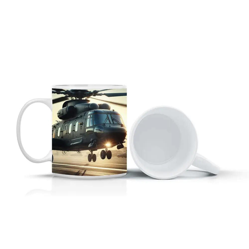 Military Helicopter Landing at Sunset Airfield – Mugs