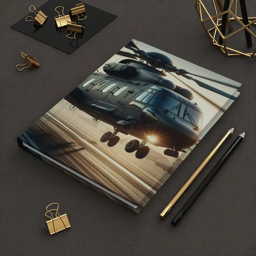 Military Helicopter Landing at Sunset Airfield – Notebooks