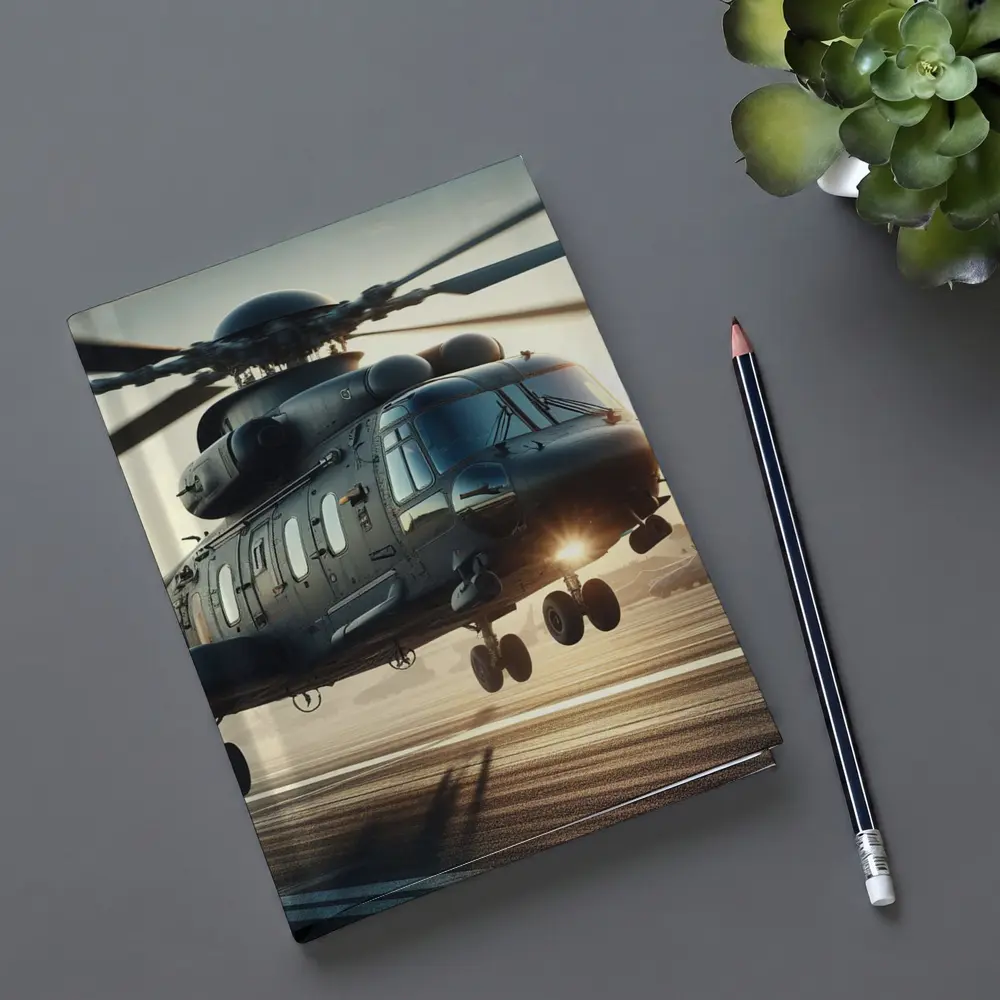 Military Helicopter Landing at Sunset Airfield – Notebooks