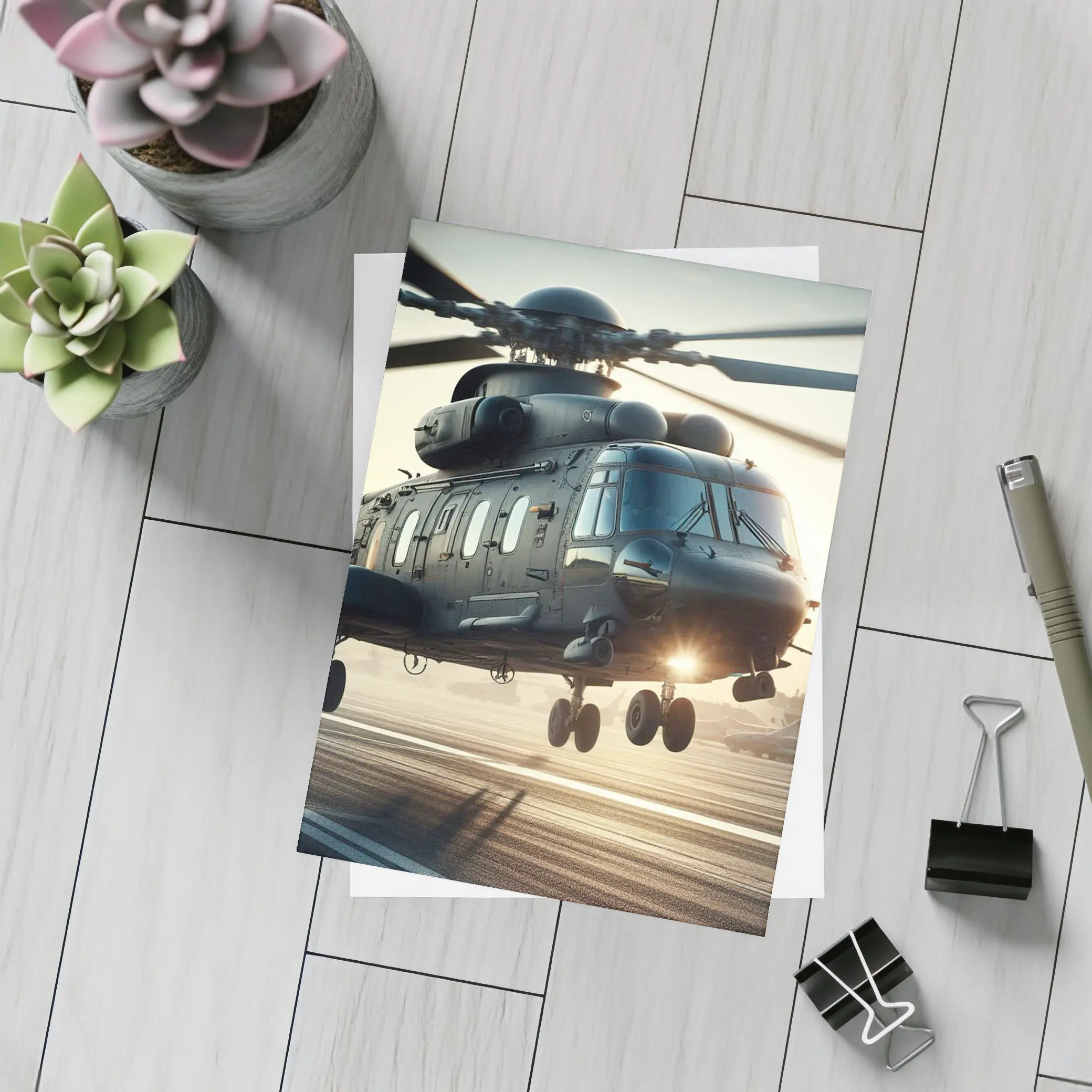 Military Helicopter Landing at Sunset Airfield – Postcards