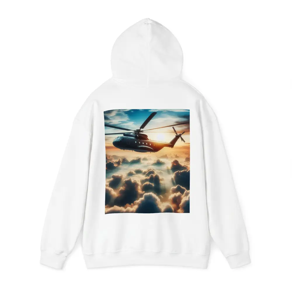 Military Helicopter Flying Above Golden Clouds – Hoodies