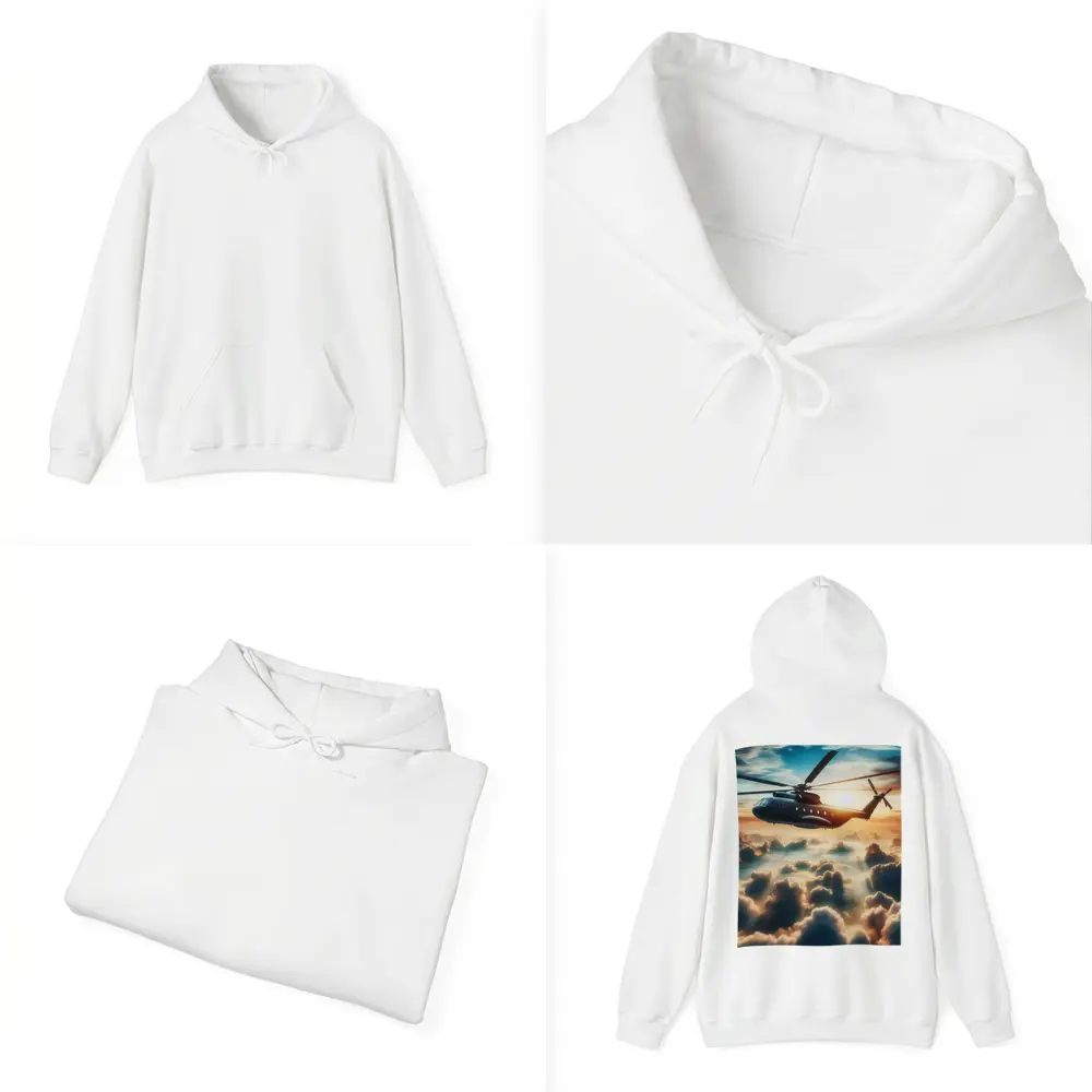 Military Helicopter Flying Above Golden Clouds – Hoodies