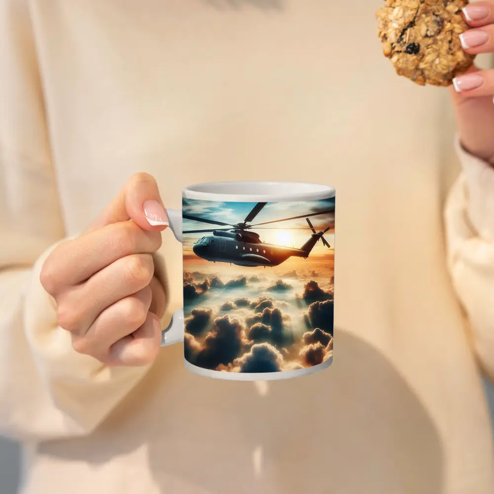 Military Helicopter Flying Above Golden Clouds – Mugs