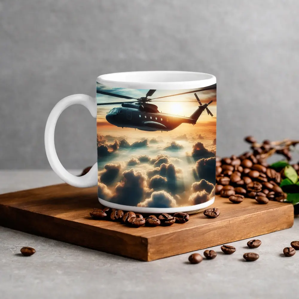 Military Helicopter Flying Above Golden Clouds – Mugs