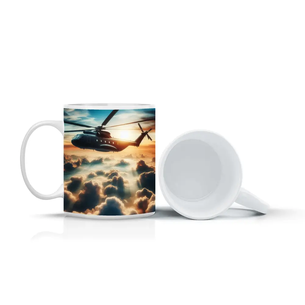 Military Helicopter Flying Above Golden Clouds – Mugs