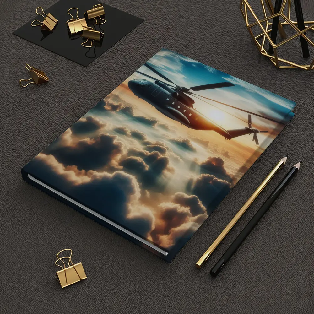 Military Helicopter Flying Above Golden Clouds – Notebooks