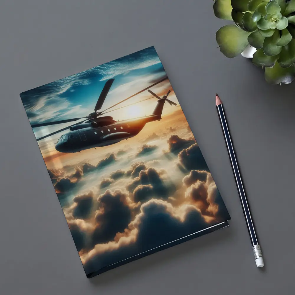 Military Helicopter Flying Above Golden Clouds – Notebooks