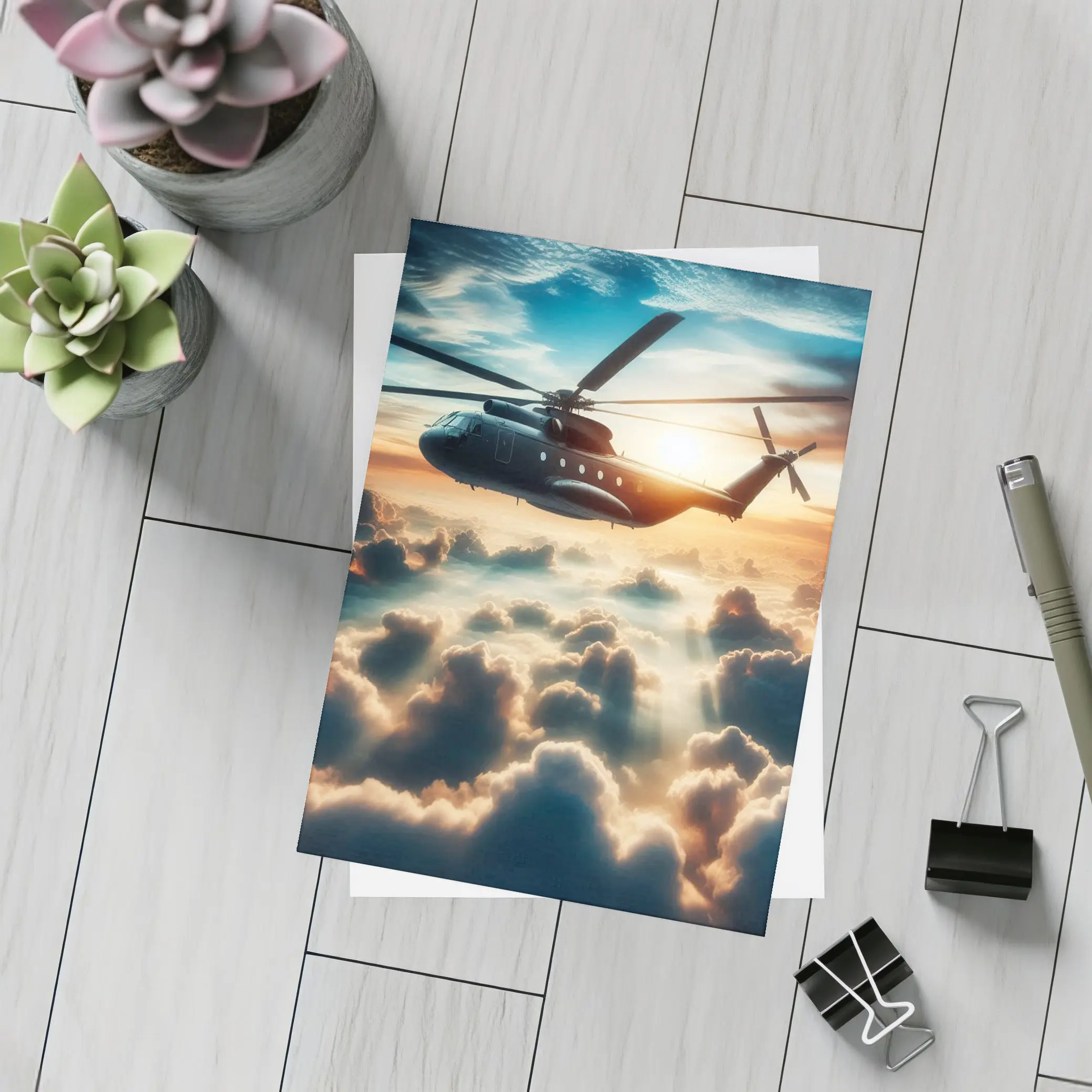 Military Helicopter Flying Above Golden Clouds – Postcards