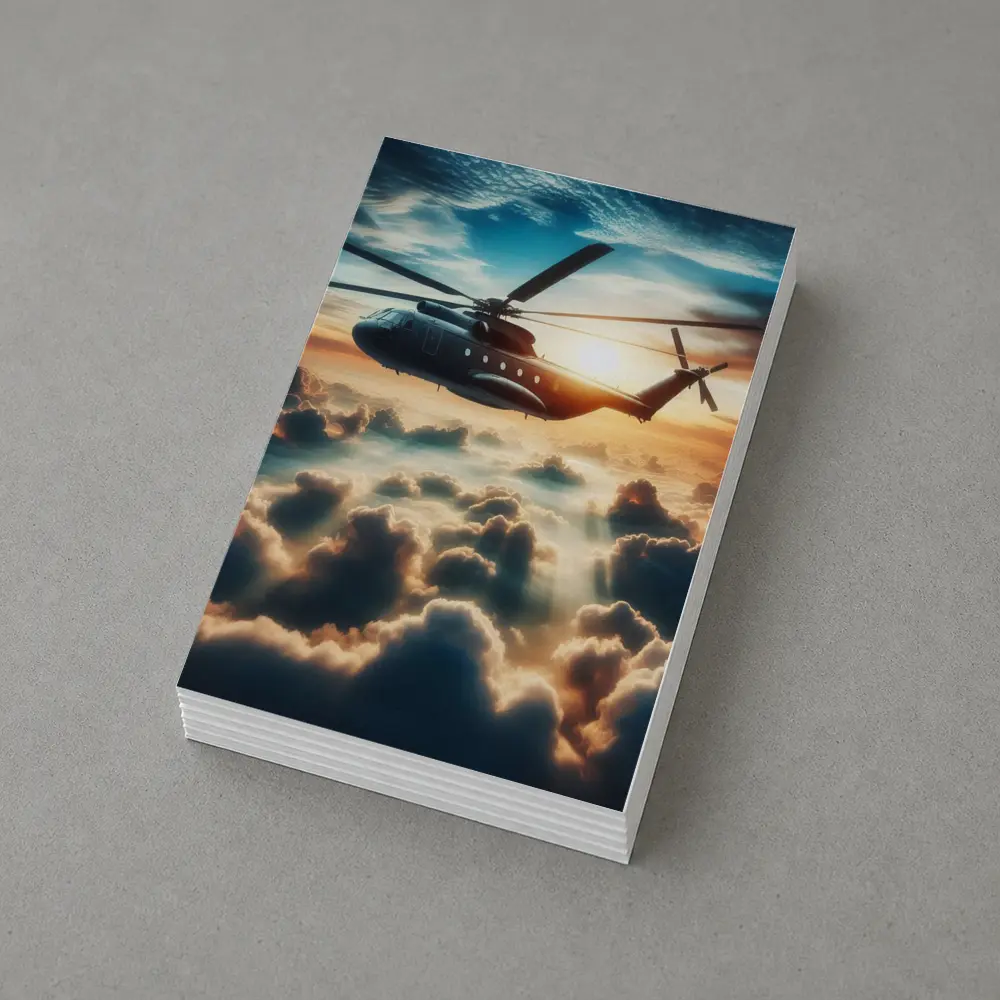 Military Helicopter Flying Above Golden Clouds – Postcards