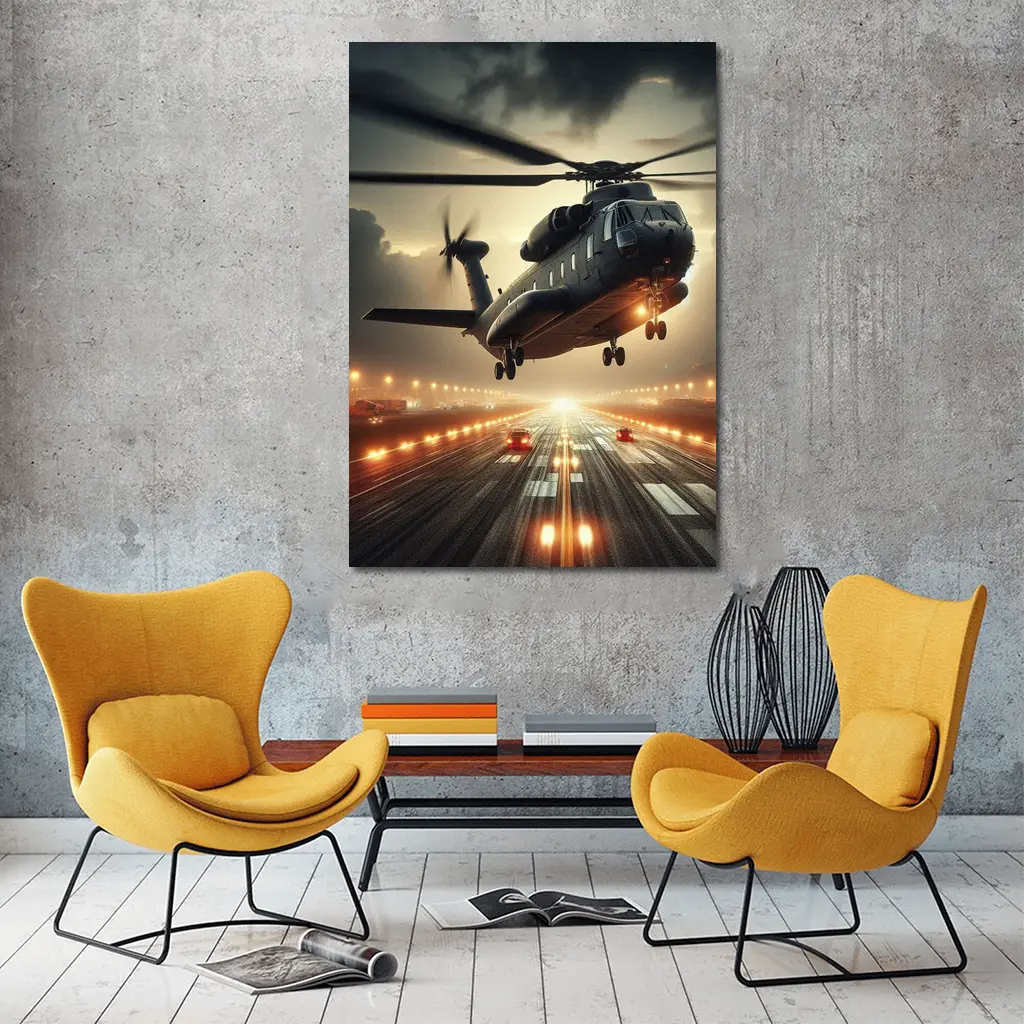 Military Helicopter Low Flight Over Runway – Wall Art