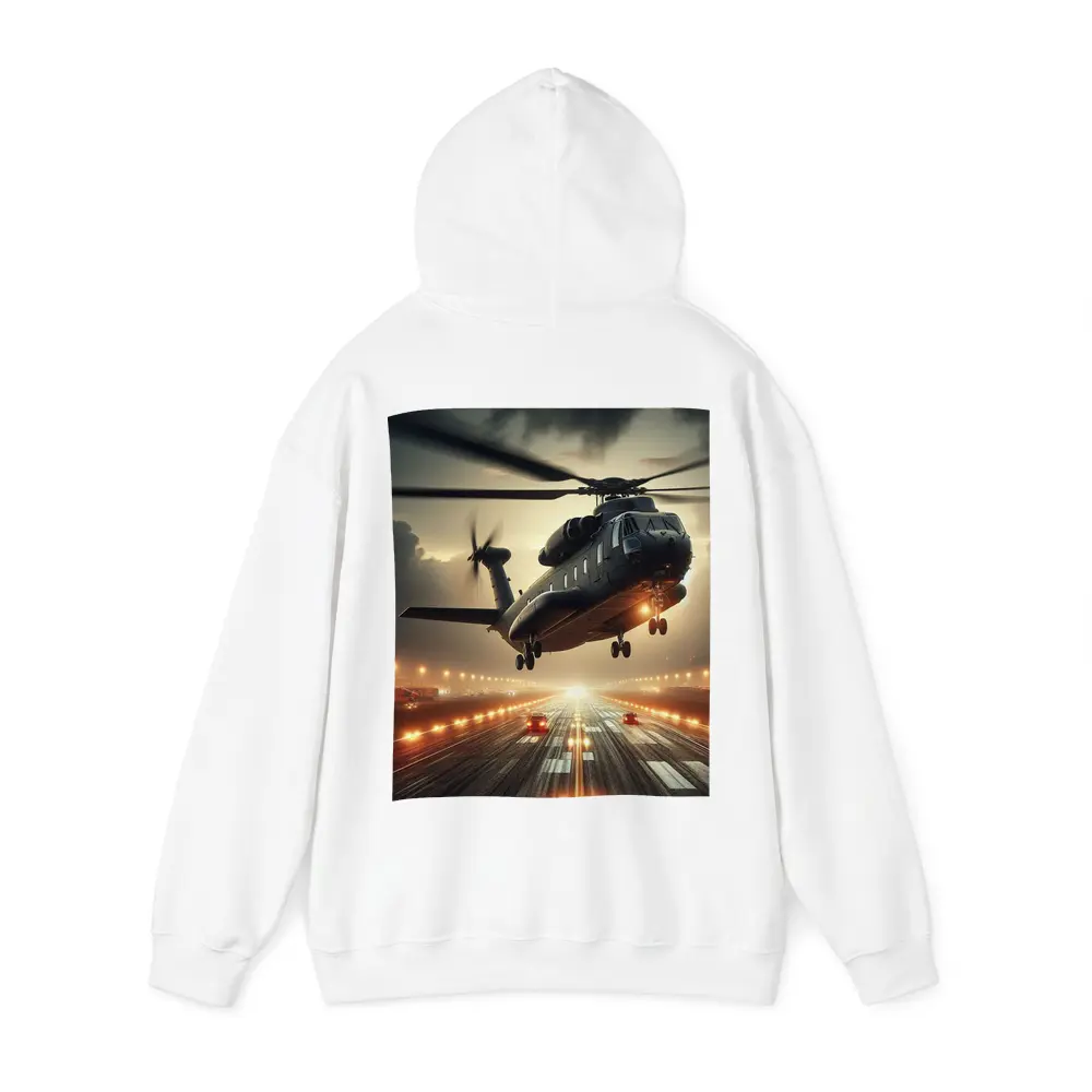 Military Helicopter Low Flight Over Runway – Hoodies