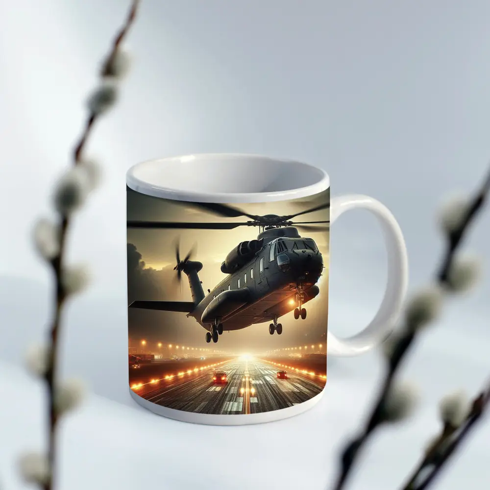 Military Helicopter Low Flight Over Runway – Mugs
