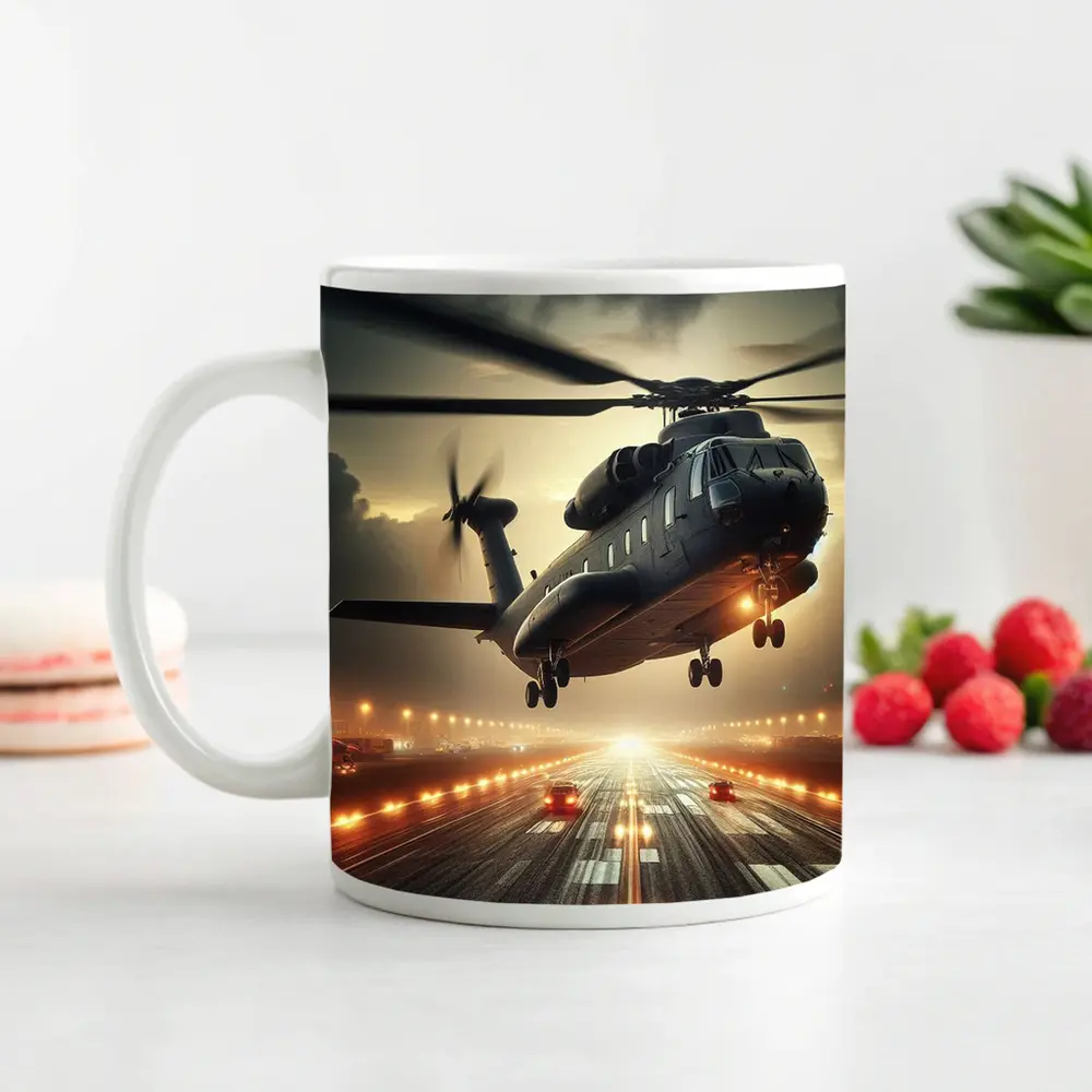 Military Helicopter Low Flight Over Runway – Mugs