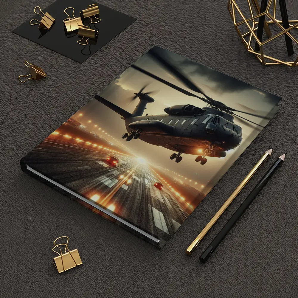 Military Helicopter Low Flight Over Runway – Notebooks